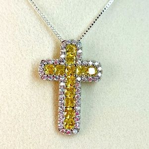 Sterling Silver/925 Silver Cubic Zirconia Empress Cross Necklace. Chain: 46cm